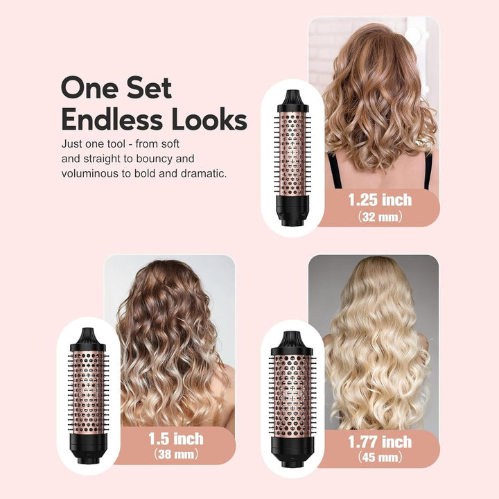 Variety of curls & waves created by the unisex 3-in-1 ionic curling wand for diverse, frizz-free hair styles.