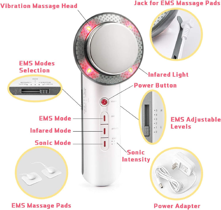 Handheld 3-in-1 ultrasonic EMS body massager, a beauty device for effective muscle stimulation & toning.