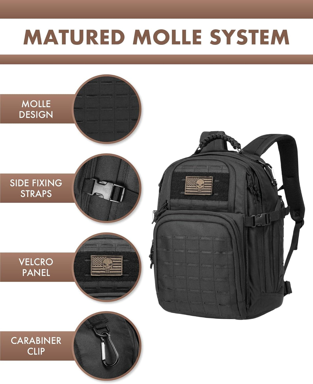 Everyday carry 35L tactical pack, unisex design, Molle compatibility, & laptop storage solution.