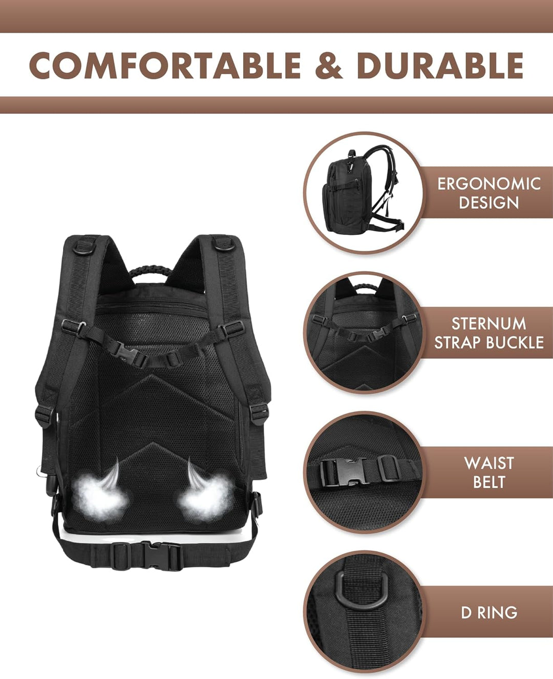 Functional 35L outdoor backpack, tactical features, Molle system, ideal for laptops & gear.