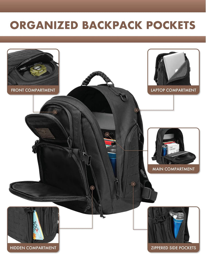 Unisex 35L tactical rucksack, Molle-ready, offering ample space for gear and a laptop.