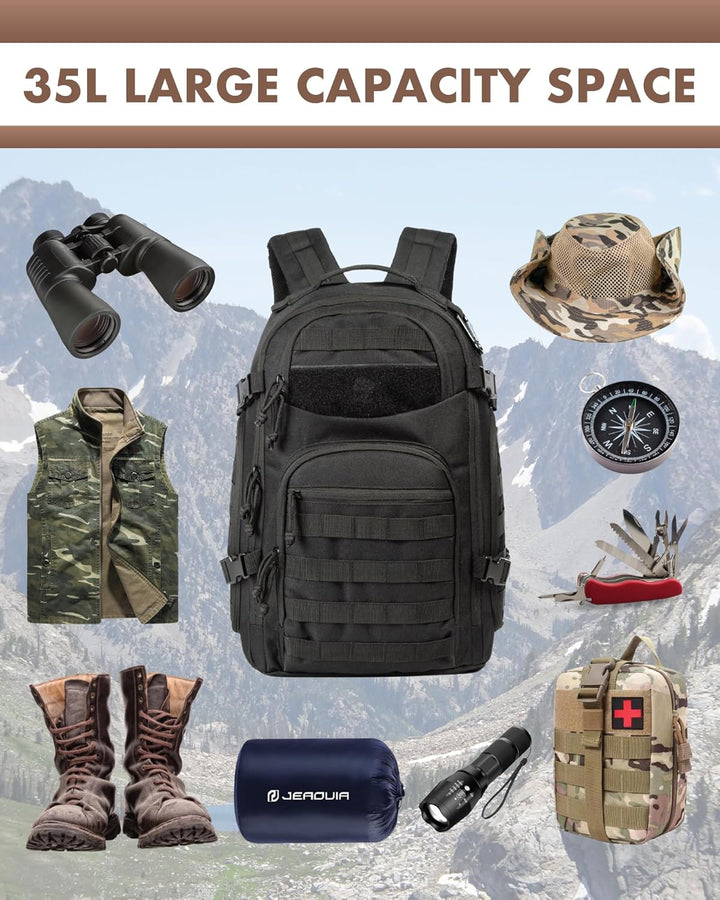 Spacious 35L unisex tactical backpack, Molle straps, and organized laptop storage for travel.