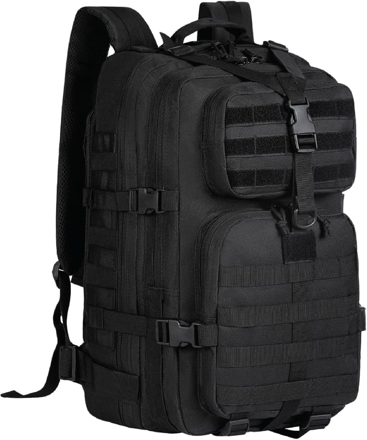 Durable 35L tactical backpack, Molle compatible, featuring secure laptop storage for travel.