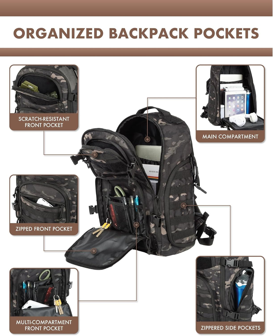 Unisex 35L tactical hiking pack, durable construction, Molle loops, and integrated laptop section.