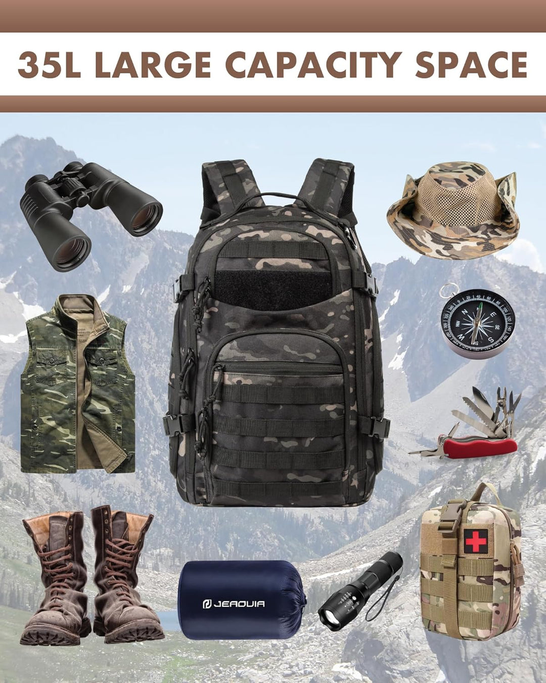 High-capacity 35L tactical travel bag with Molle system & protective laptop sleeve for electronics.