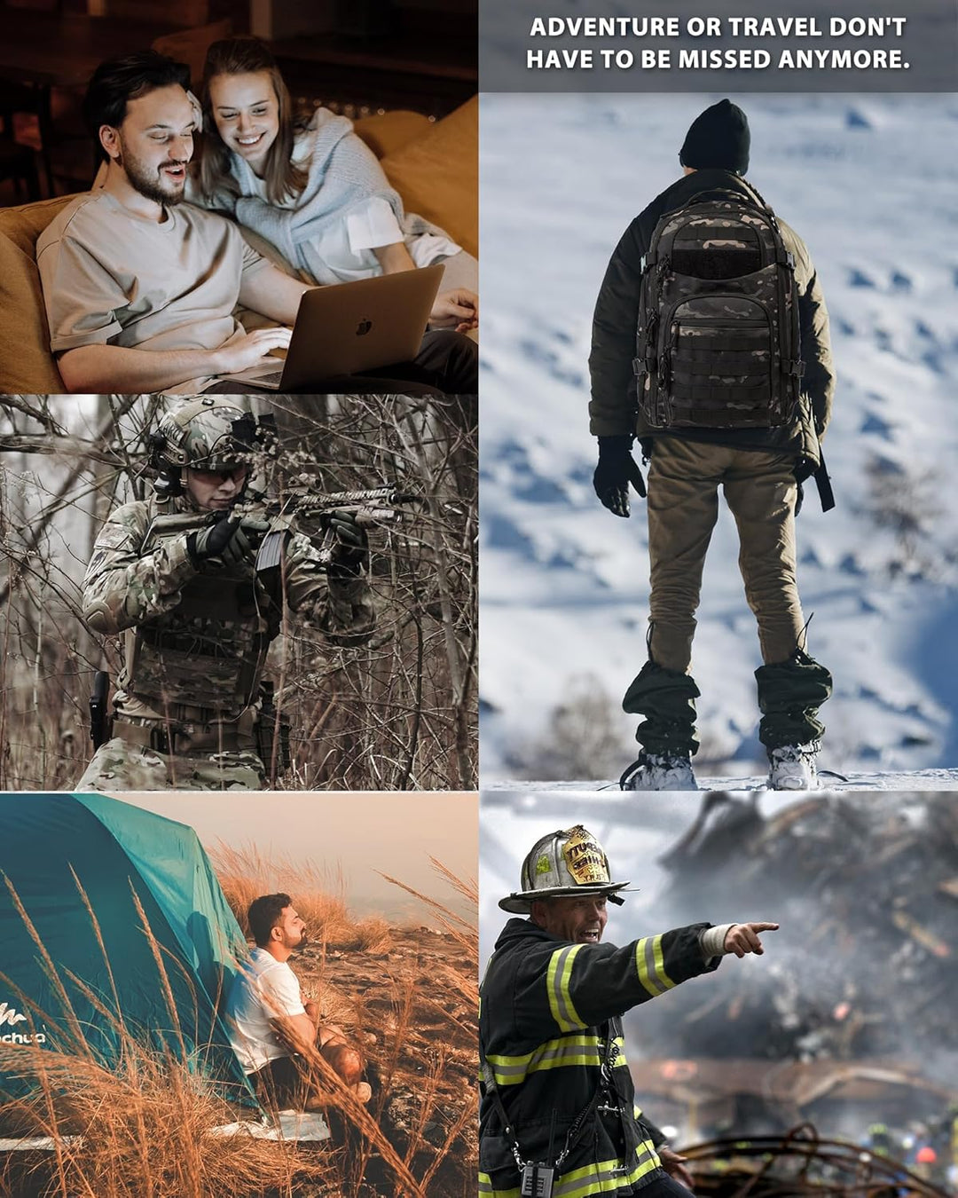 Military-style 35L tactical backpack, Molle webbing, designed for outdoor use and laptop safety.