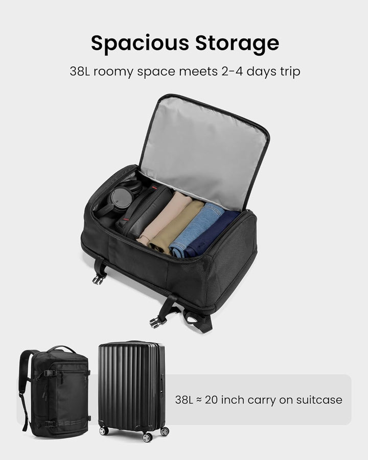 Spacious 38L unisex carry-on travel backpack, ideal for weekend trips, with organized compartments and laptop storage.