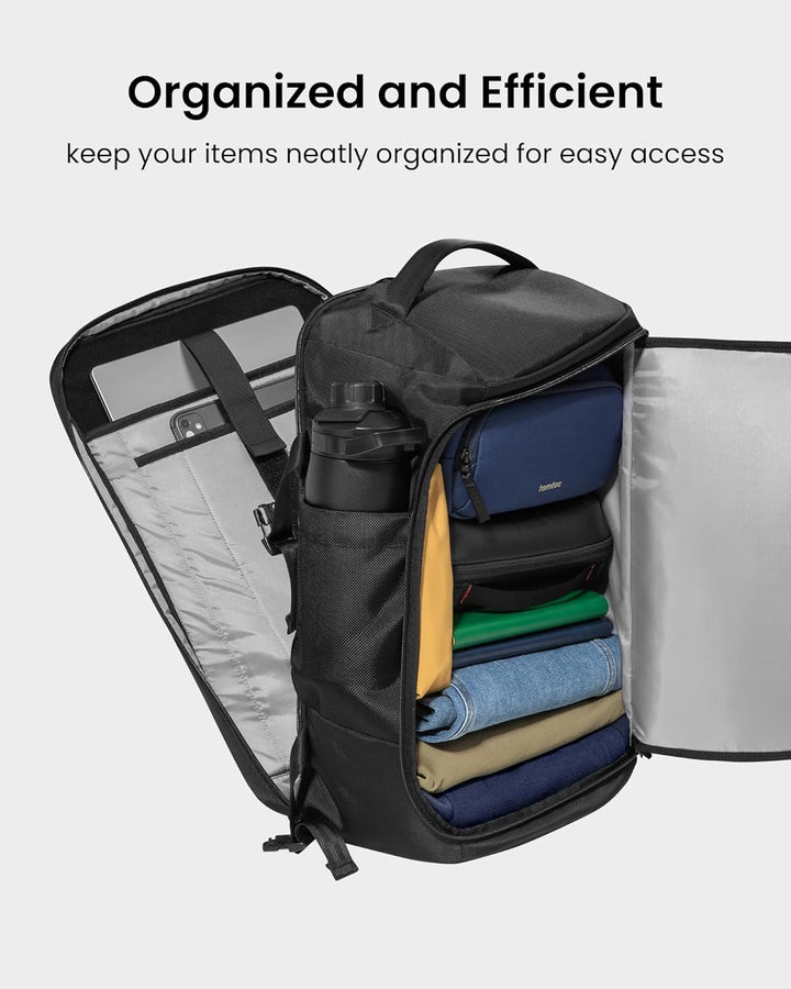 Durable 38L tech travel backpack with a padded laptop compartment, perfect for business trips and organized packing.