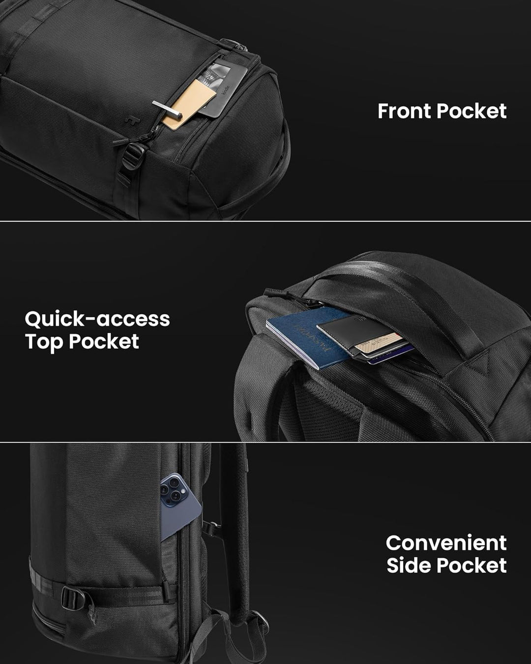Organized 38L carry-on travel backpack with multiple pockets, a laptop compartment, and TSA-friendly design for efficient packing.