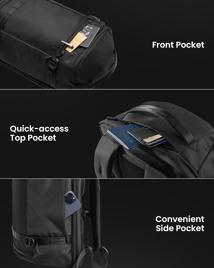 Organized 38L carry-on travel backpack with multiple pockets, a laptop compartment, and TSA-friendly design for efficient packing.