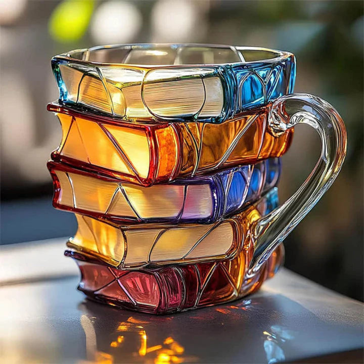Unisex 3D Book Spine Glass Coffee Mug, unique literary gift for book lovers & hot beverages. Stackable design.