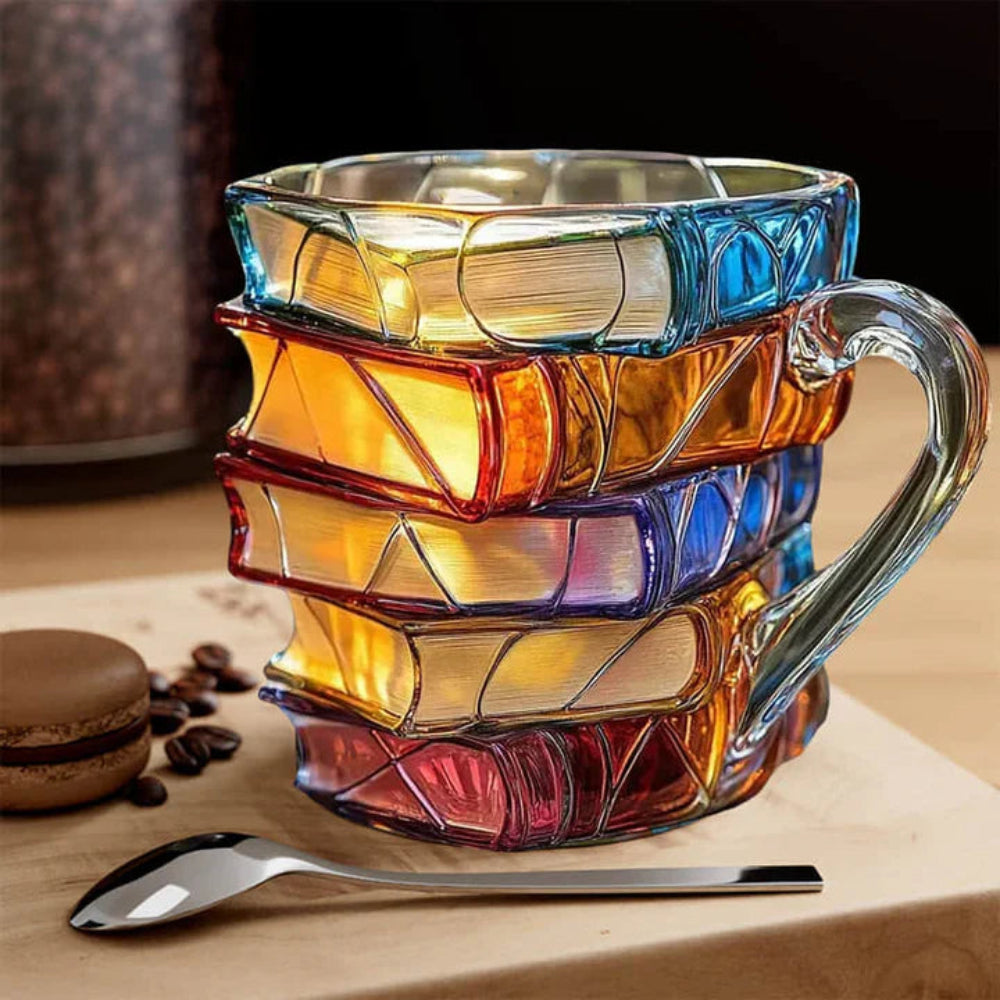 Literary Glass Coffee Mug with 3D Book Spine, perfect unique gift for avid readers & desk decor.