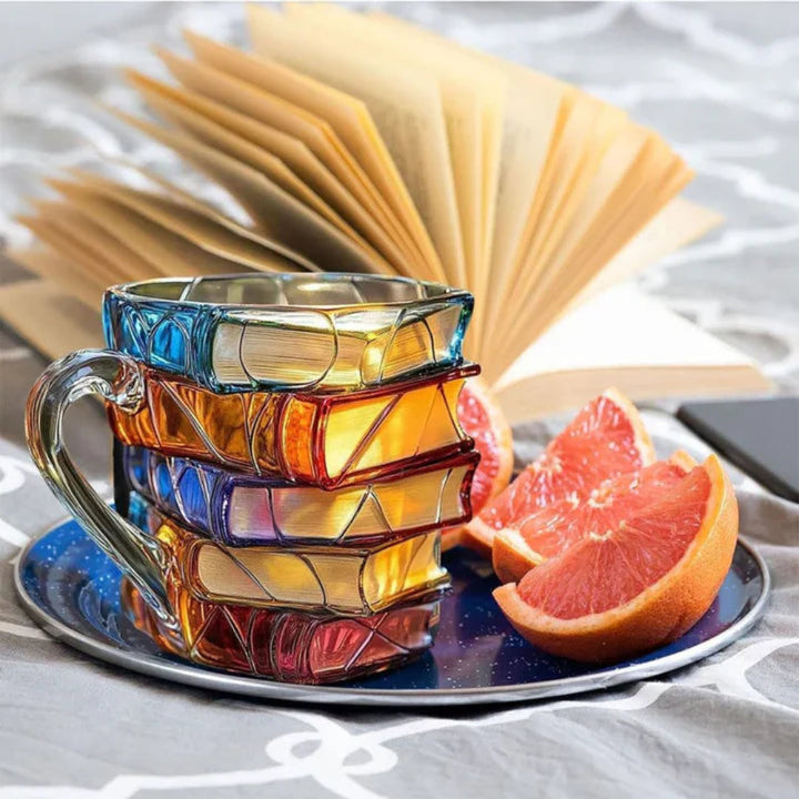 Unique Glass Coffee Mug featuring 3D Book Spines, ideal literary gift for coffee & tea lovers.