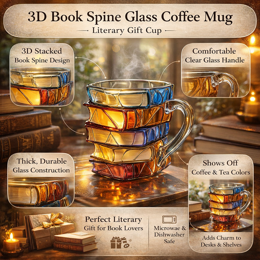 Transparent Glass Coffee Mug with 3D Book Spine design, a literary-themed drinkware item.