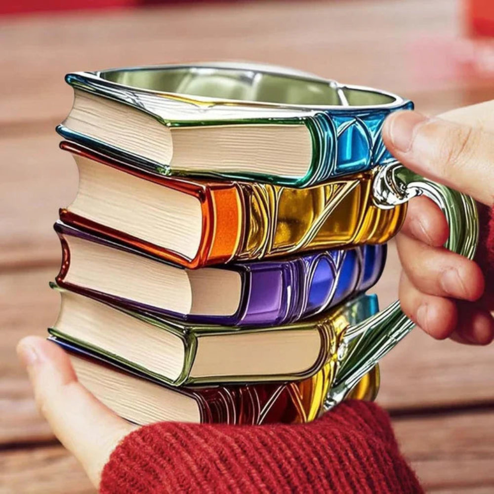 Unisex Book Spine Glass Coffee Mug, 3D stackable books design, great gift for bookworms & coffee.