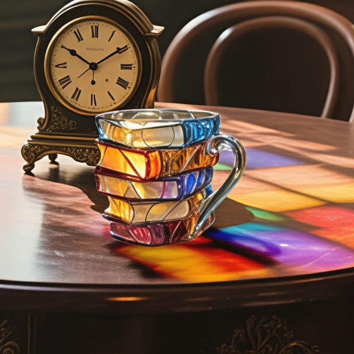 Elegant Glass Coffee Mug with intricate 3D Book Spine art, unique literary desk decor for drinks.
