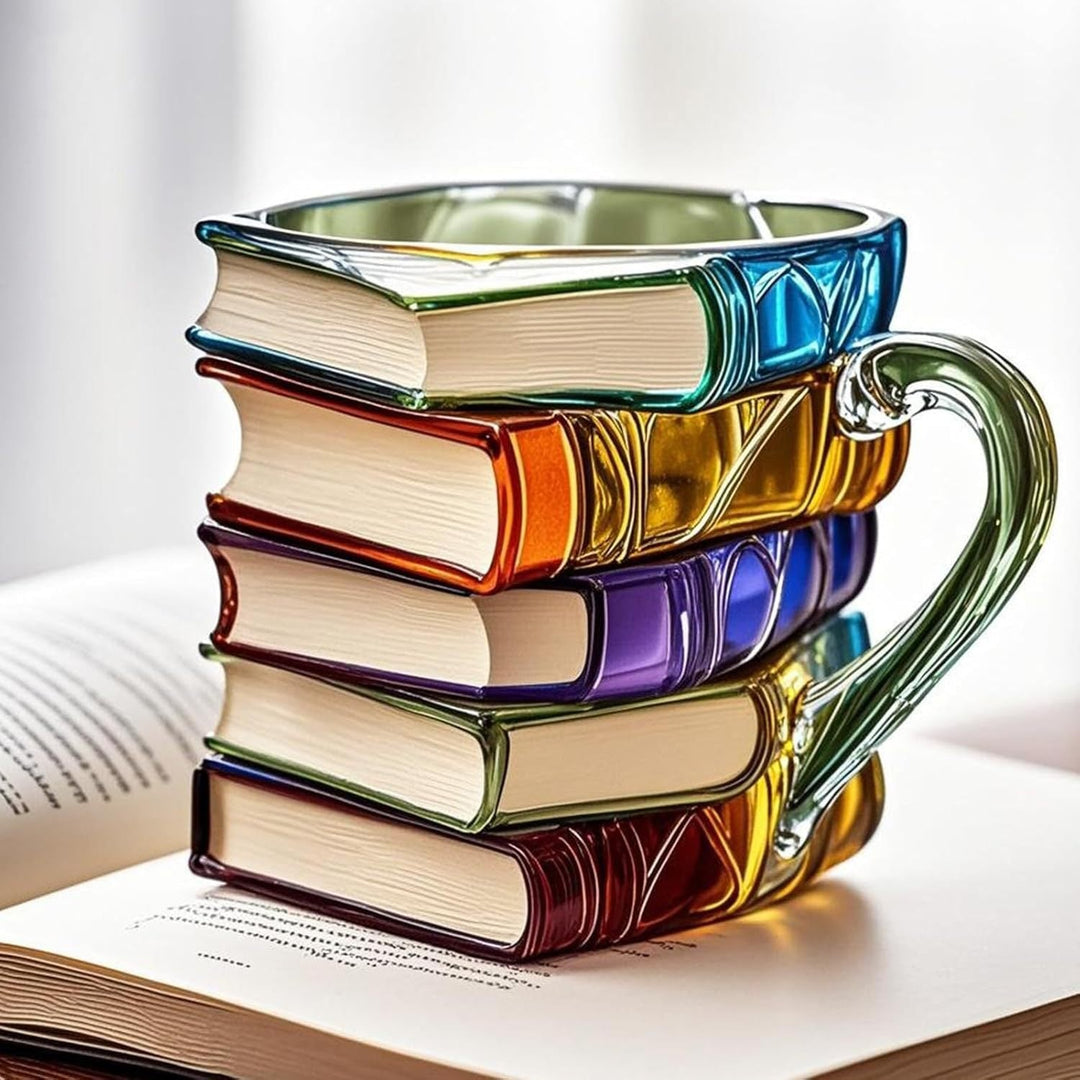 Literary themed Glass Coffee Mug, 3D Book Spine design for unique hot beverage enjoyment & decor.