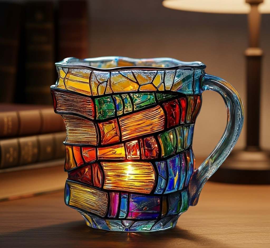 Unique Glass Coffee Mug featuring 3D stackable Book Spines, ideal for literary enthusiasts & drinks.