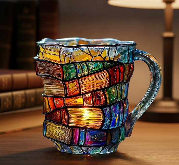 Unique Glass Coffee Mug featuring 3D stackable Book Spines, ideal for literary enthusiasts & drinks.