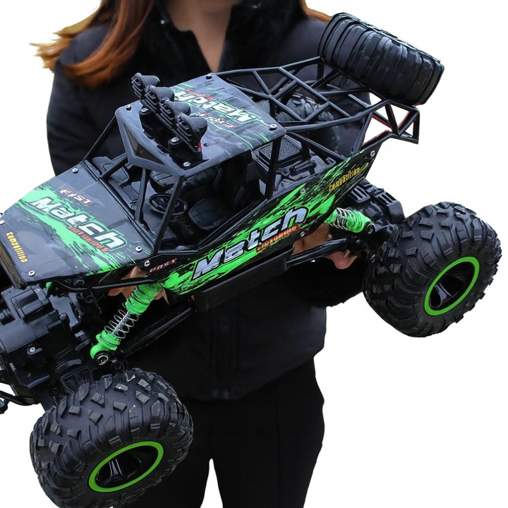 Unisex 4x4 RC Monster Truck, red, conquering a dirt hill. Durable remote control all-terrain off-road toy for kids & teens.
