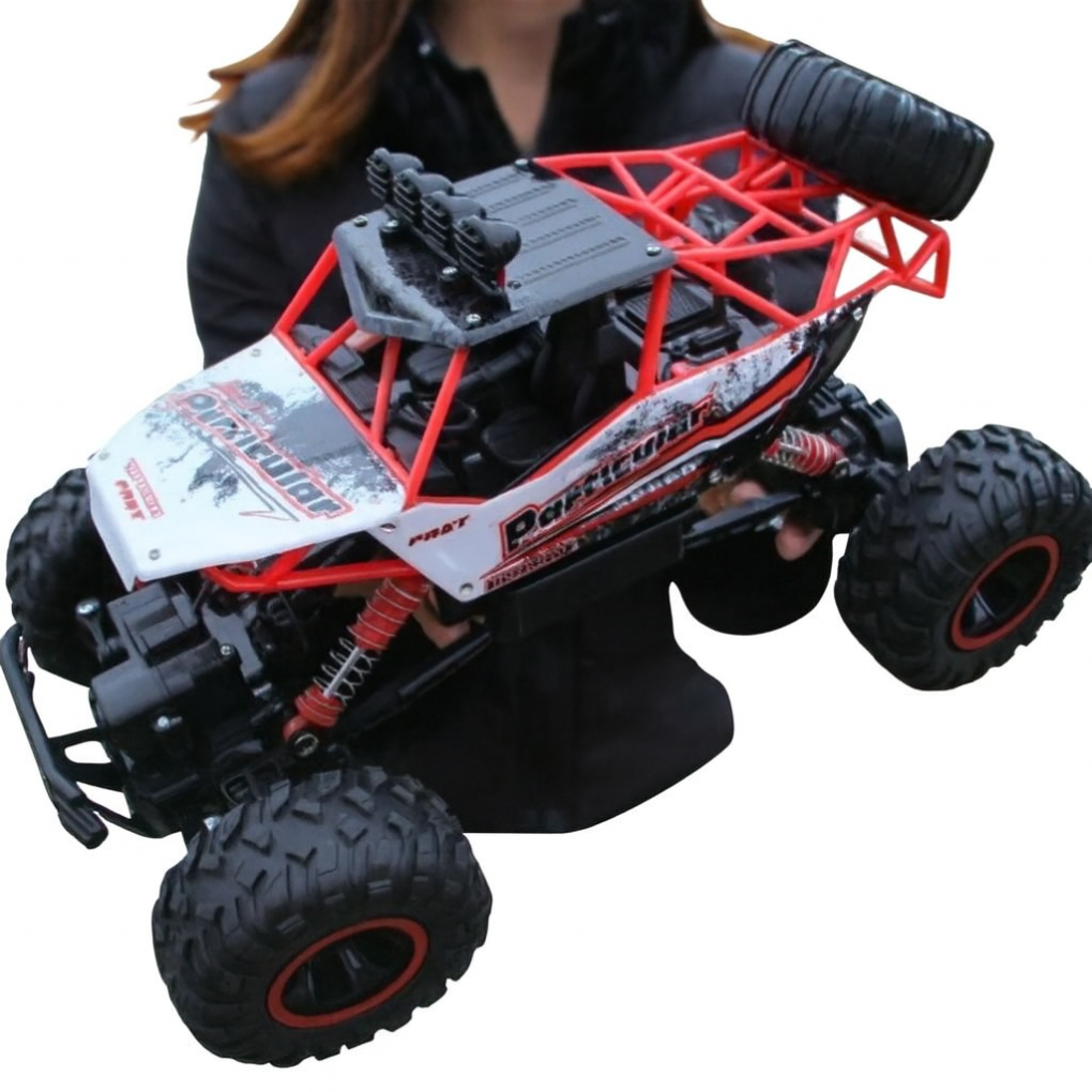 Detailed shot of a sturdy blue 4x4 RC monster truck with large tires. Radio control toy vehicle for all-terrain fun.