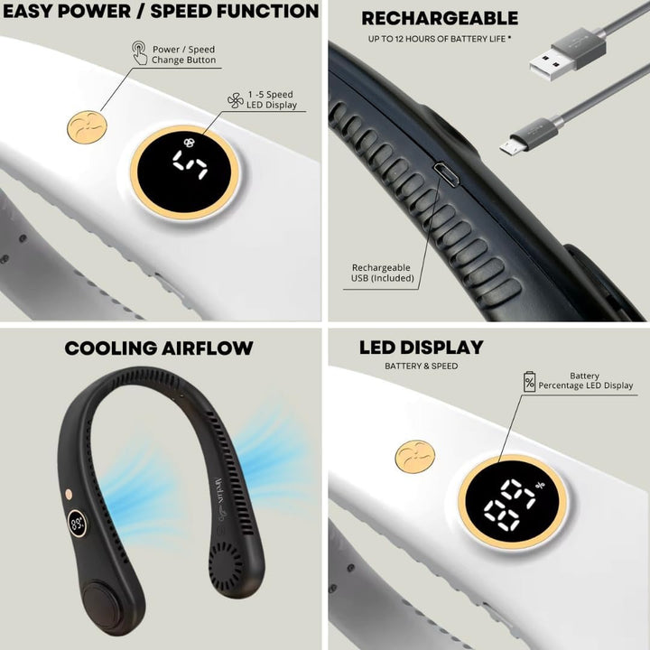 Unisex 5-speed bladeless neck cooling fan in headphone style, offering portable, hands-free, 360-degree airflow comfort.