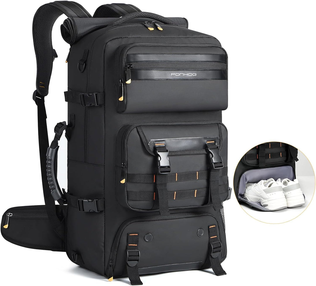 Unisex 50L convertible travel backpack with shoe compartment, USB port, & flight-ready design for carry-on travel.