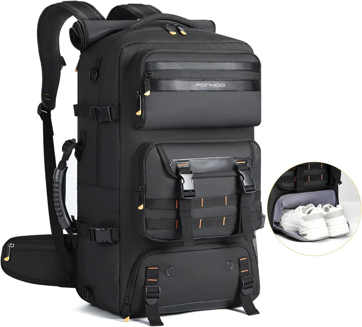 Unisex 50L convertible travel backpack with shoe compartment, USB port, & flight-ready design for carry-on travel.