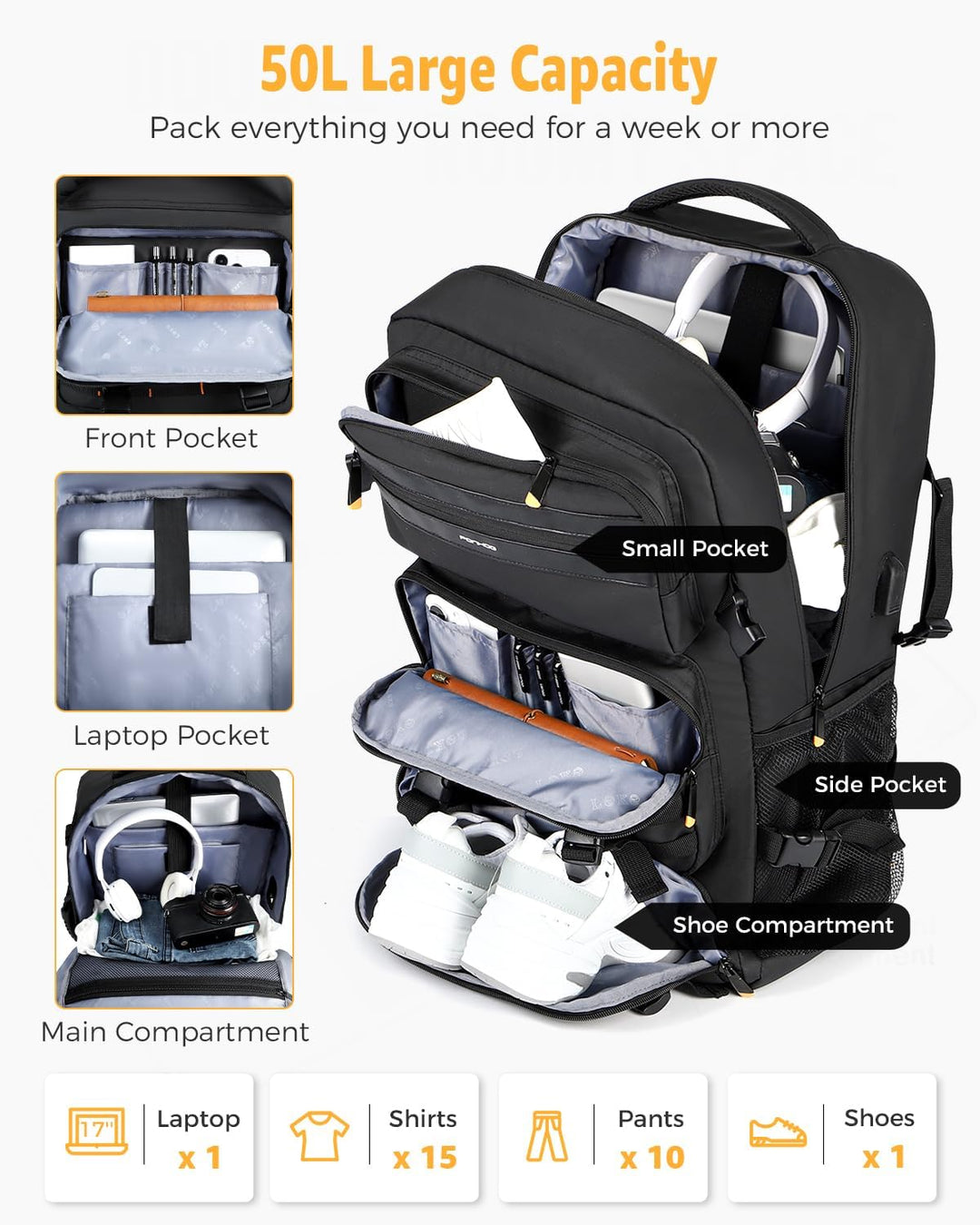 Flight-ready 50L travel backpack, convertible for carry-on, with a dedicated shoe compartment & USB charging.