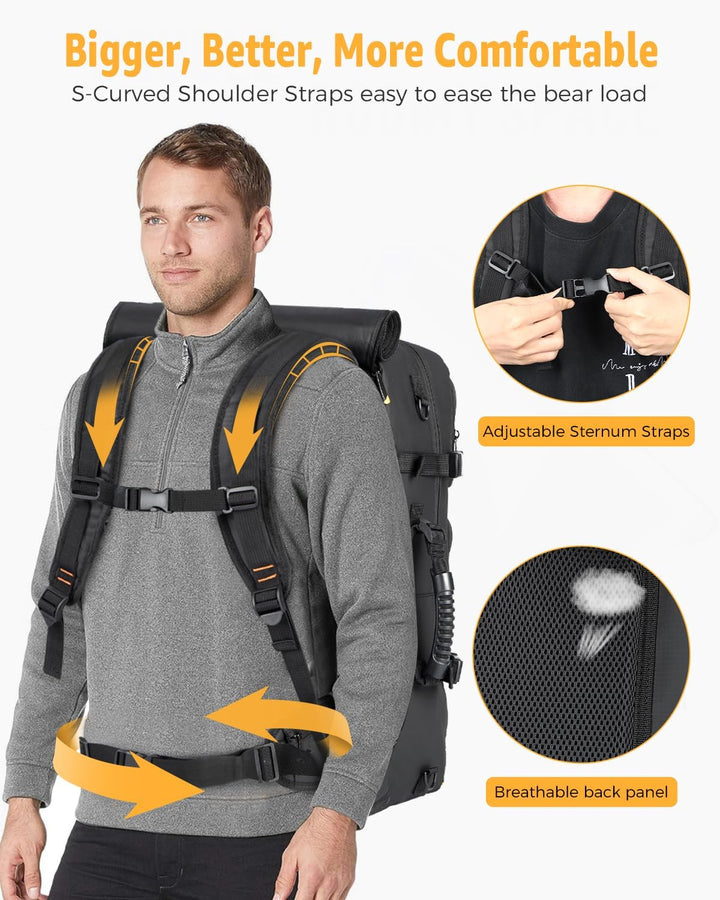 Unisex travel backpack 50L worn, showing comfortable straps & flight-ready design. Perfect carry-on luggage.