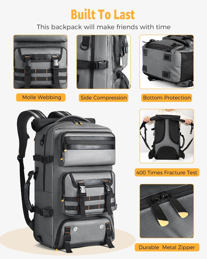 USB backpack feature on a 50L convertible travel bag, perfect for charging devices during flight-ready travel.