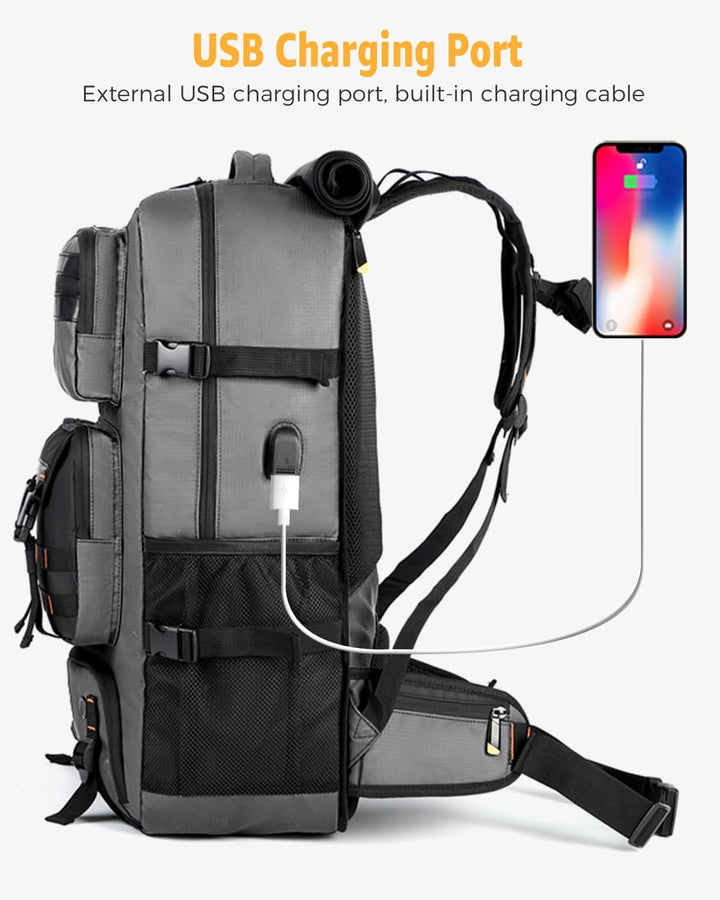 Convertible 50L travel backpack used as a duffel, featuring a shoe compartment and USB port for unisex luggage.