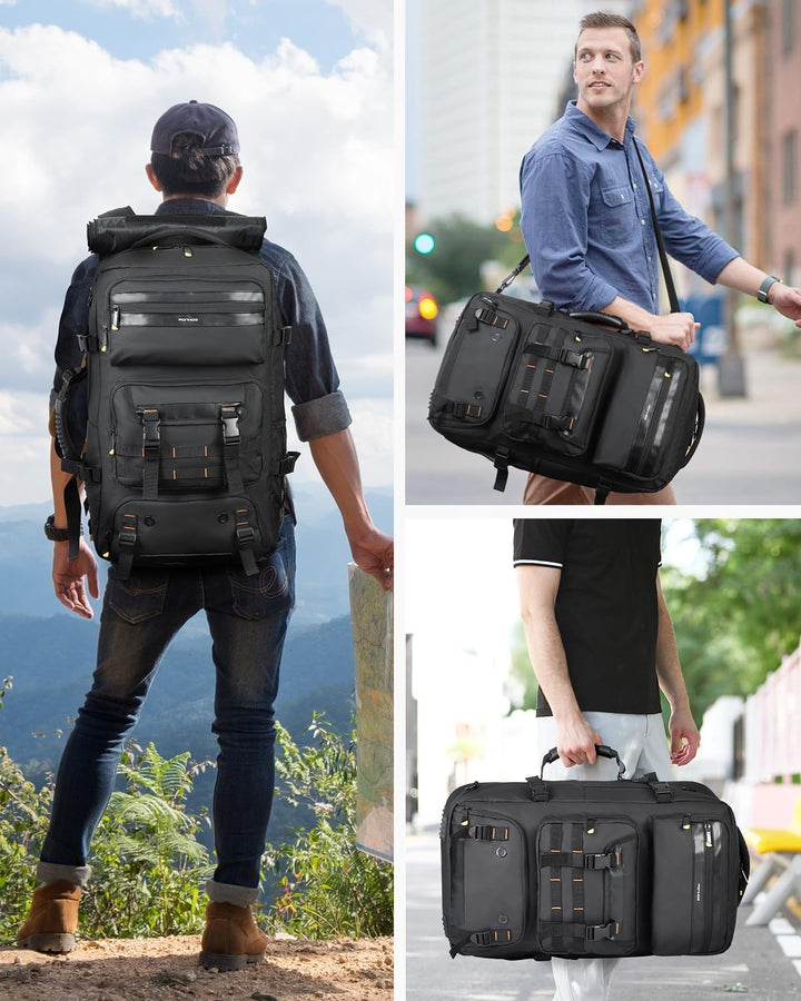 Durable waterproof 50L travel backpack, convertible carry-on luggage with shoe compartment & USB for unisex adventures.