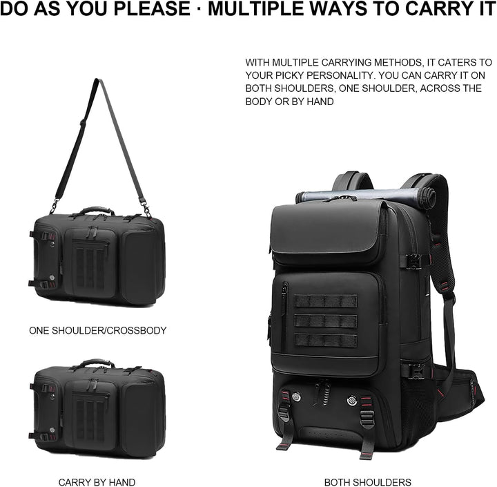 Spacious 50L waterproof travel backpack. Features dedicated shoe compartment, USB charging port & anti-theft design.