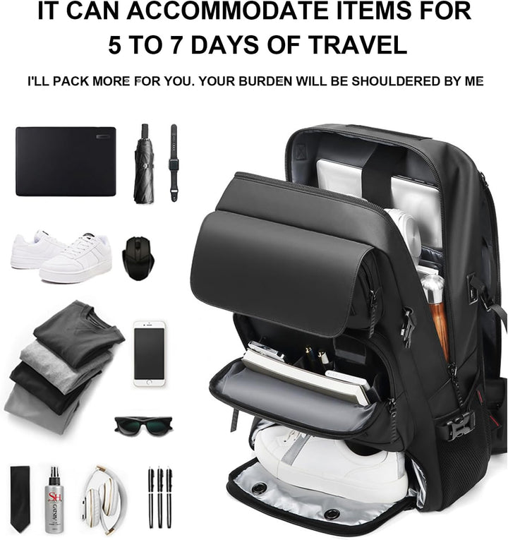 Durable unisex 50L waterproof backpack. Features external USB port, separate shoe compartment & anti-theft for travel.