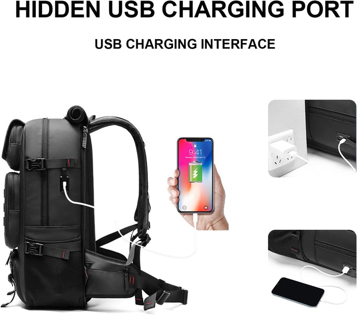 All-purpose 50L waterproof travel backpack with integrated USB port & shoe compartment for men and women.