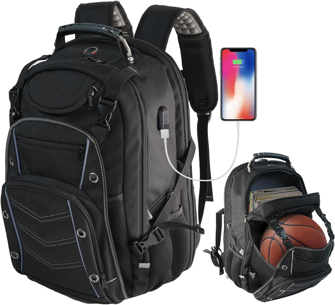 Unisex 55L extra-large travel laptop backpack with USB charging and RFID security, perfect for tech-savvy travelers.