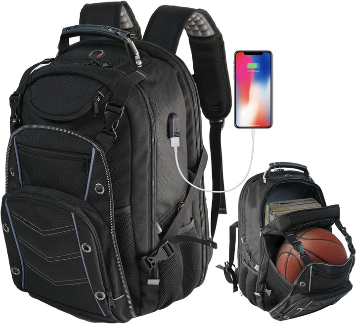 Unisex 55L extra-large travel laptop backpack with USB charging and RFID security, perfect for tech-savvy travelers.