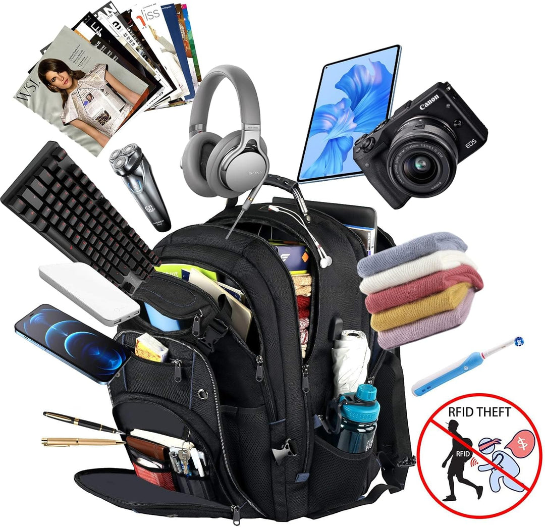Multi-functional 55L travel laptop backpack, suitable for school, work, and adventures. Includes USB & RFID protection.