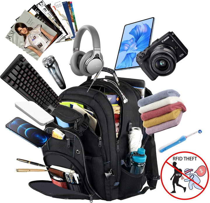Multi-functional 55L travel laptop backpack, suitable for school, work, and adventures. Includes USB & RFID protection.