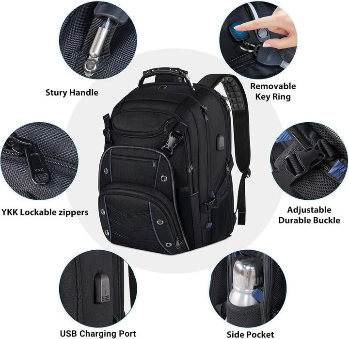 Sleek black 55L extra-large travel laptop backpack, designed for comfort, security, and easy airport passage.