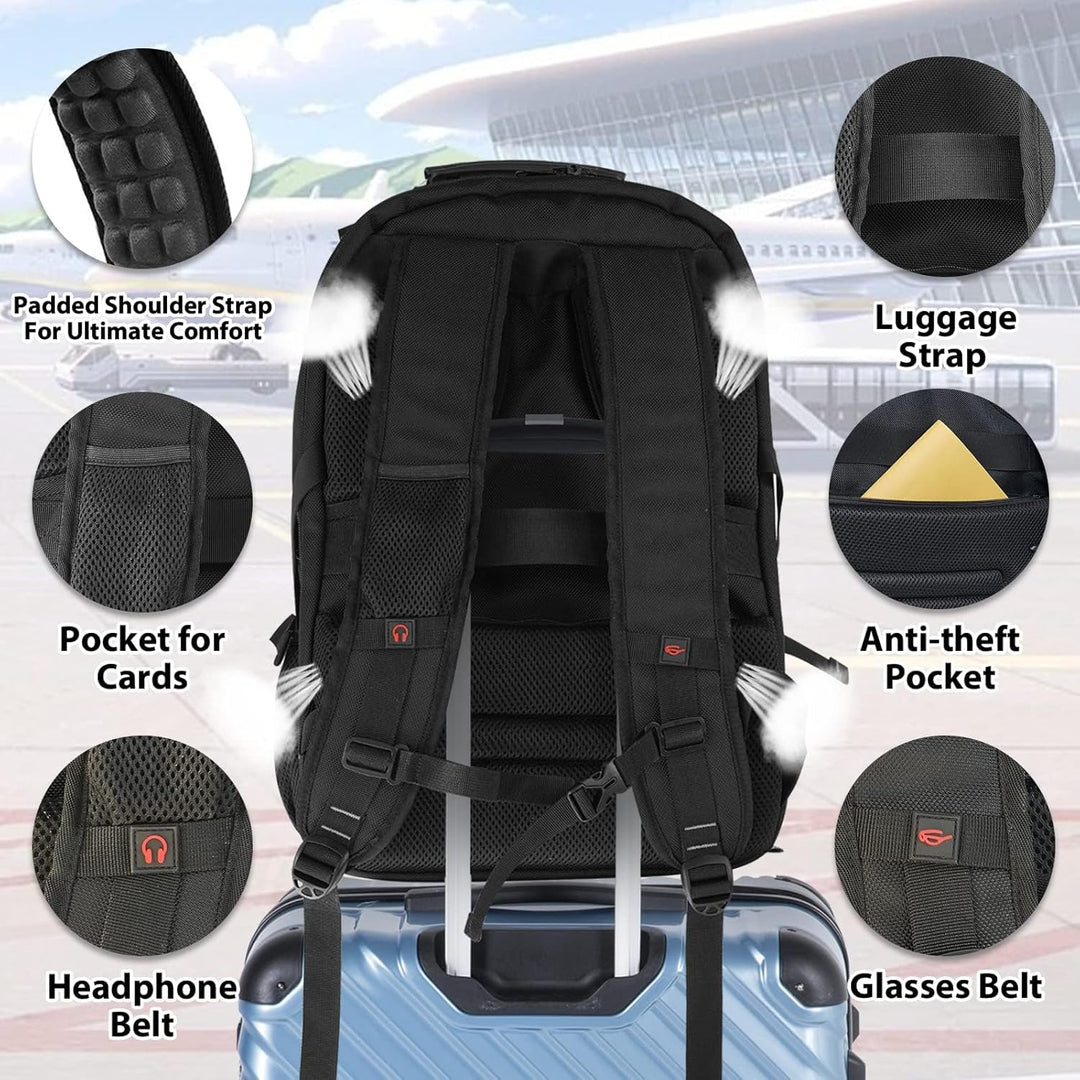 Stay charged & secure with this 55L unisex travel laptop backpack. Large capacity, durable, and airport friendly carry-on.