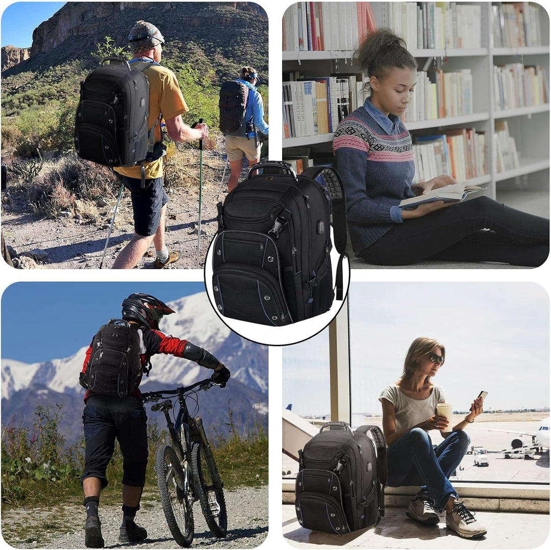 Tech-friendly 55L travel backpack with dedicated laptop sleeve, USB charging, and RFID-blocking pocket for security.