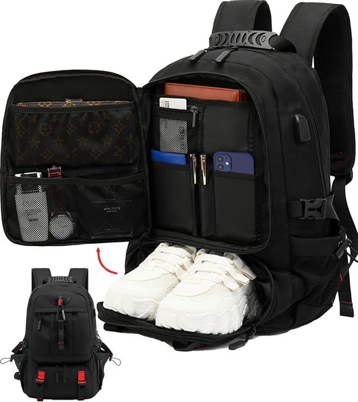 Unisex 60L waterproof travel laptop backpack with USB charging port & dedicated shoe compartment. Ideal for trips.