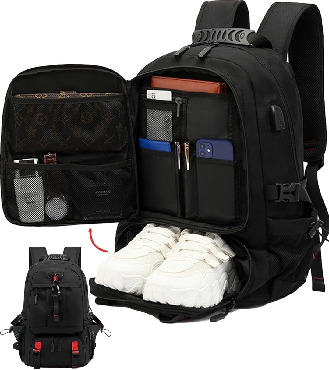 Unisex 60L waterproof travel laptop backpack with USB charging port & shoe compartment for organized trips.