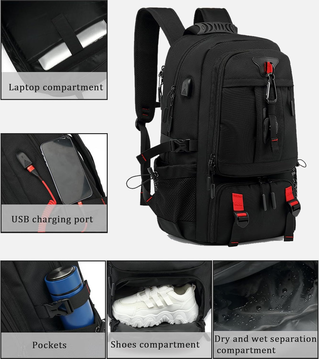 Spacious 60L waterproof travel backpack. Features laptop sleeve, USB port, & ventilated shoe compartment for organized packing.