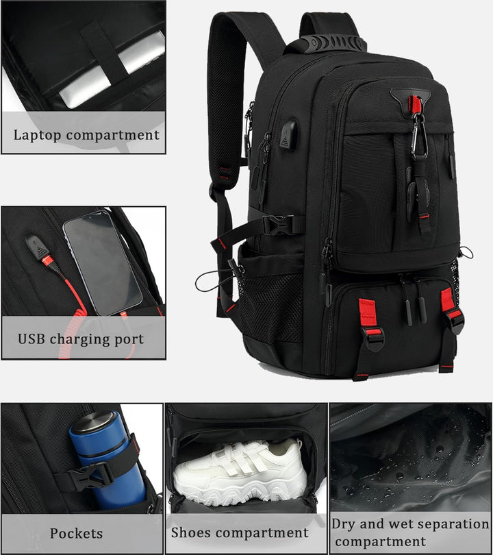 Large 60L waterproof carry-on travel backpack for men & women, featuring laptop sleeve, USB, and shoe storage.