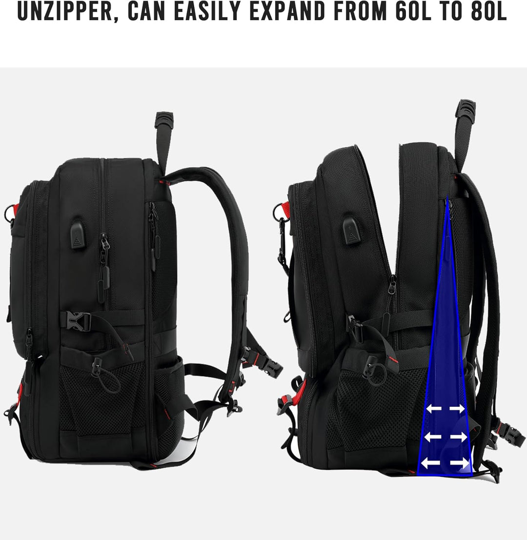 Versatile unisex 60L laptop backpack with waterproof design, integrated USB port, and large capacity shoe compartment.