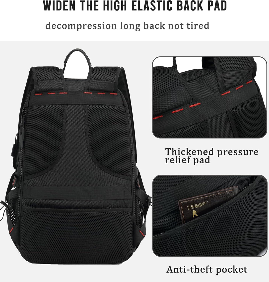 Front view of 60L waterproof travel backpack, showcasing multiple pockets, USB port, & shoe compartment for adventures.
