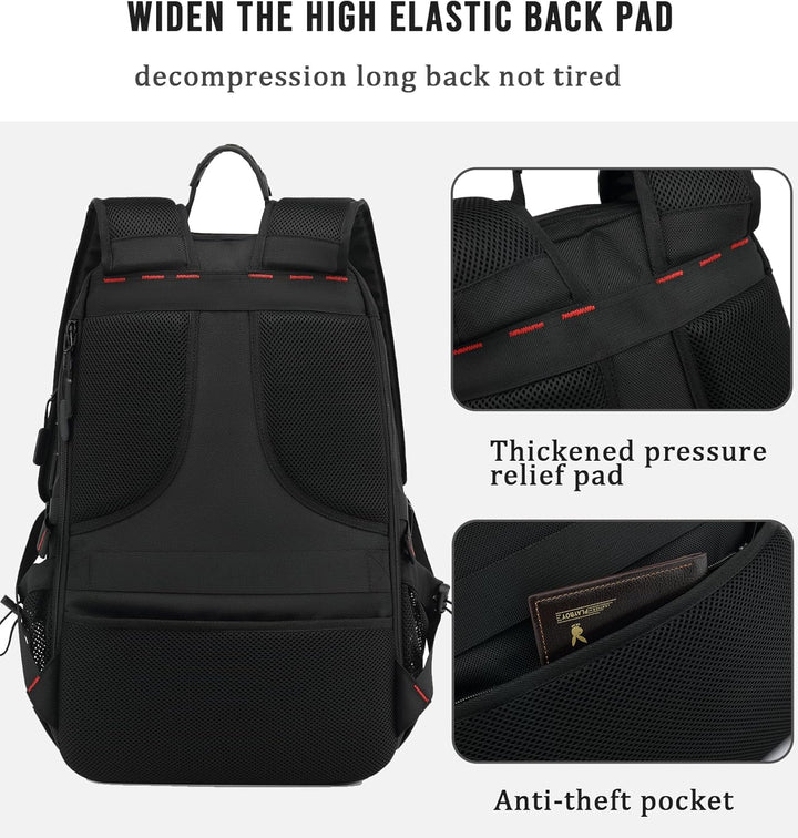 Front view of 60L waterproof travel backpack, showcasing multiple pockets, USB port, & shoe compartment for adventures.